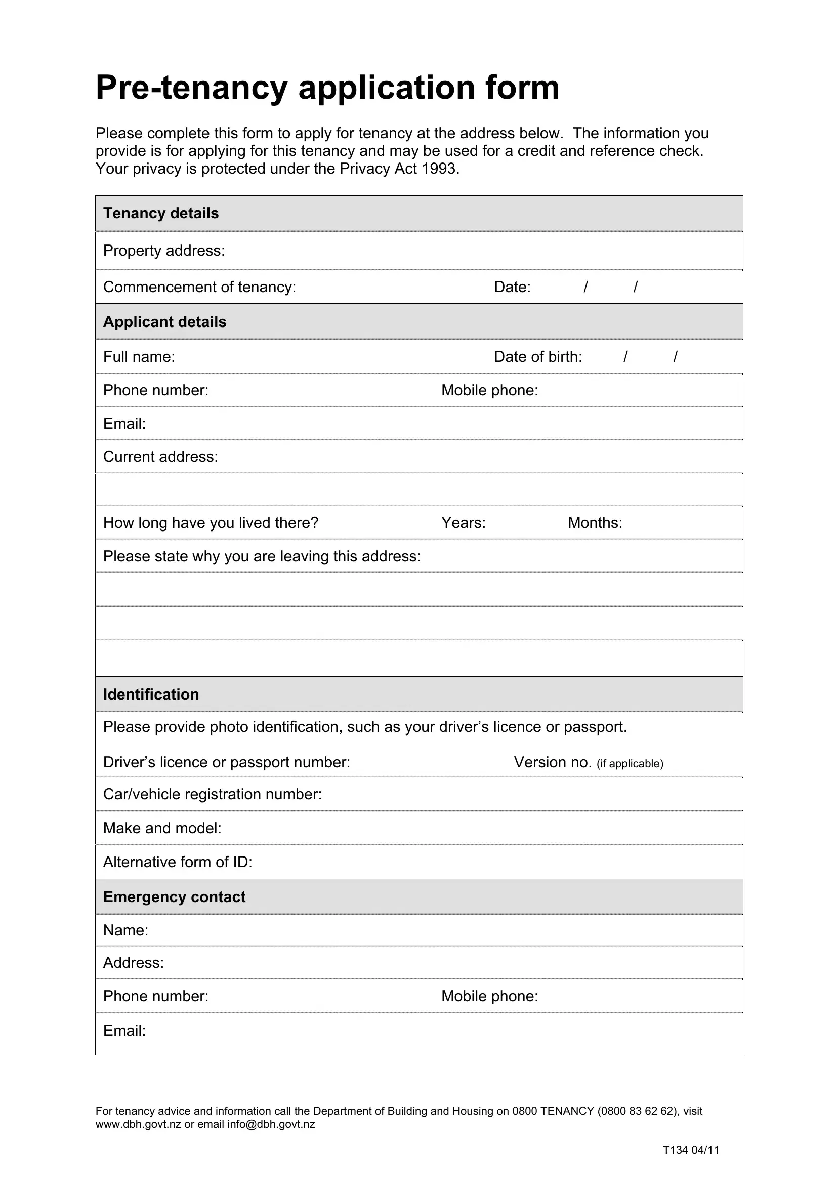Pre Tenancy Application Form Fill Out Printable PDF Forms Online