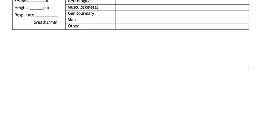 proof of pregnancy paper Weight Kg, Height cm, Resp rate, breathsmin, and EXAMINATION Eyes Ears Nose Throat blanks to insert