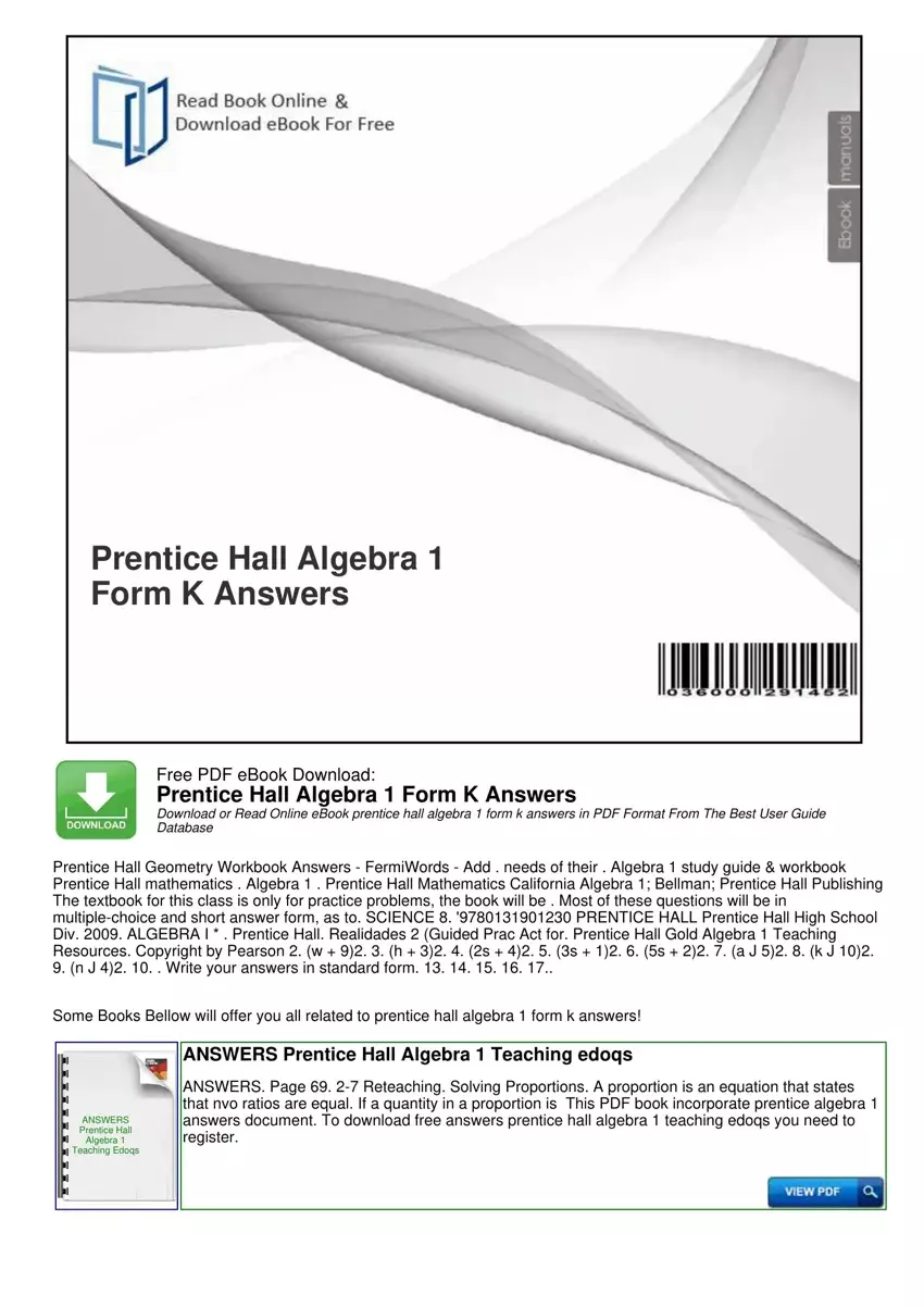 Prentice Hall Algebra 1 Textbook first page preview