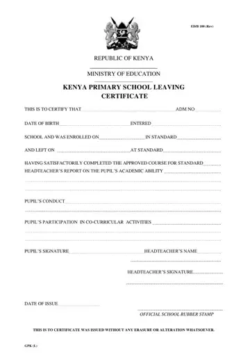 Primary Leaving Certificate Kenya Form Preview