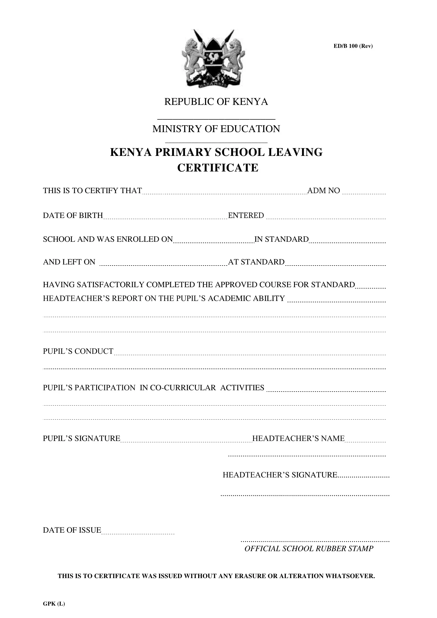 Primary Leaving Certificate Kenya PDF Form FormsPal