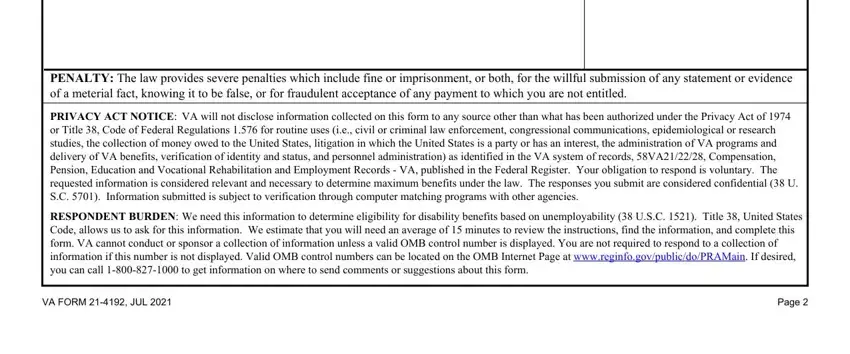 Print Va Form 21 4192 PENALTY The law provides severe, VA will not disclose information, PRIVACY ACT NOTICE or Title  Code, We need this information to, RESPONDENT BURDEN Code allows us, VA FORM  JUL, and Page fields to insert