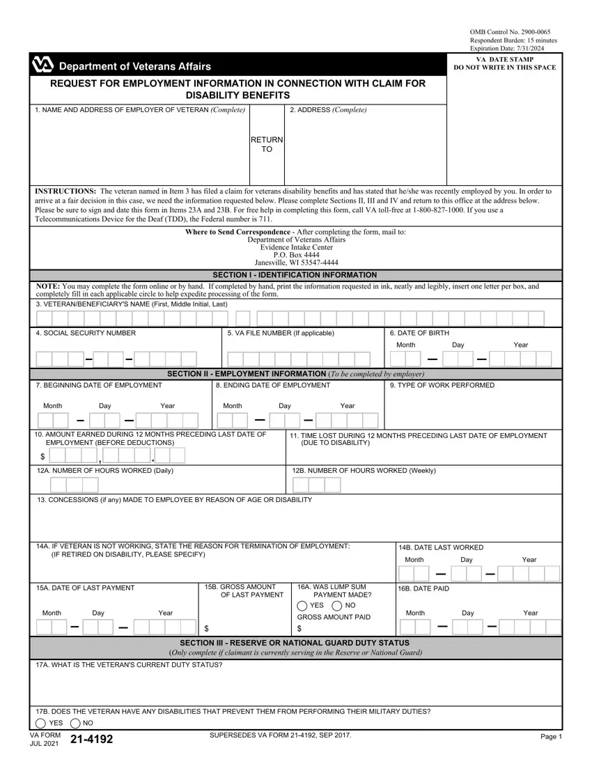 Print Va Form 21 4192 first page preview