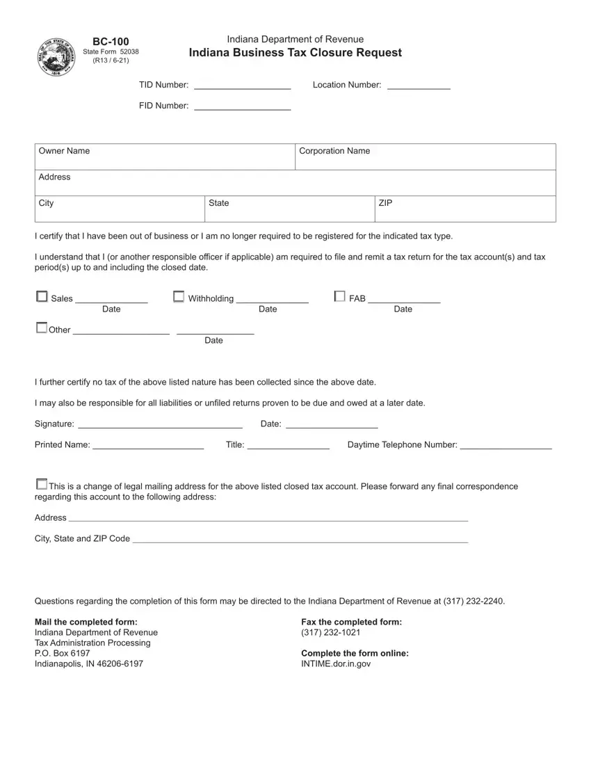 Printable Bc 100 Form first page preview