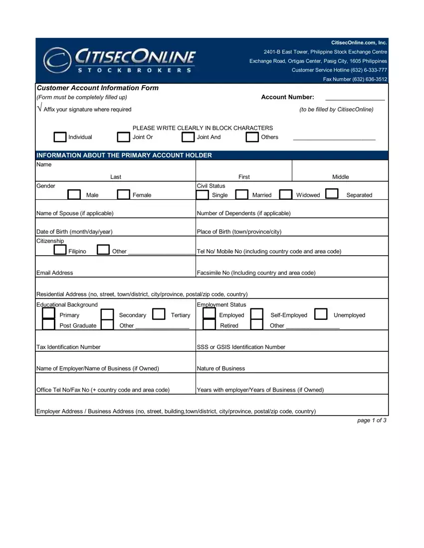 Printable Customer Information Form first page preview