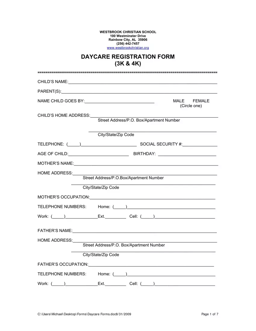 Printable Daycare Form first page preview