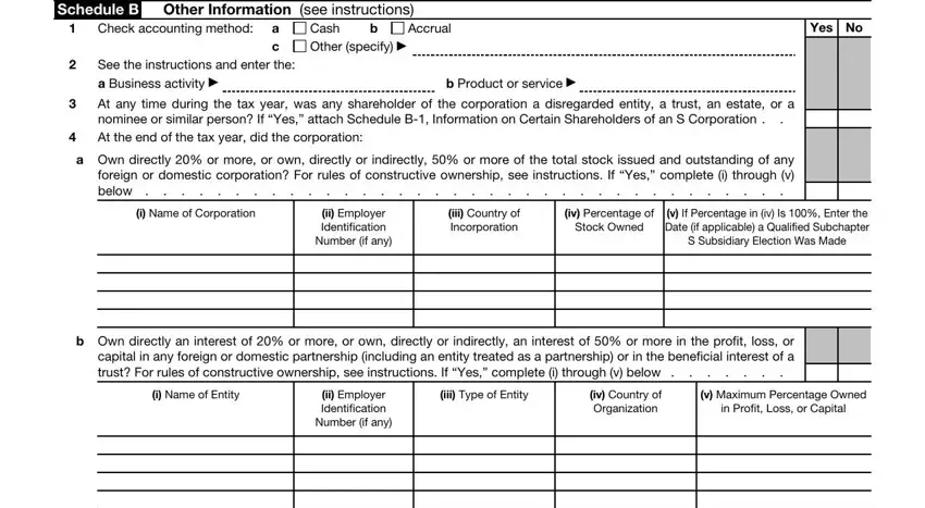 federal supporting statements template 2020 Form S  Schedule B Other, Check accounting method, a c, Cash Other specify, Accrual, Yes No, See the instructions and enter the, b Product or service, At any time during the tax year, Own directly  or more or own, i Name of Corporation, ii Employer Identification Number, iii Country of Incorporation, iv Percentage of Stock Owned, and v If Percentage in iv Is  Enter blanks to fill