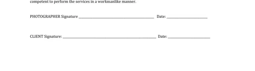 tinapay contract form online Assignability and Parties of, PHOTOGRAPHER Signature  Date, and CLIENT Signature  Date fields to fill out