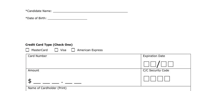 cna renewal michigan Candidate Name, Date of Birth, Credit Card Type Check One, MasterCard, Visa, American Express, Card Number, Amount, Name of Cardholder Print, Expiration Date, and CC Security Code fields to complete