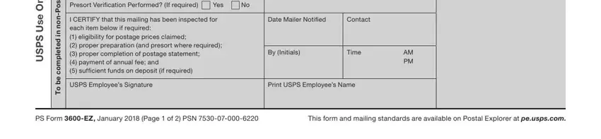 ps form 3600 ez january 2020 ByInitials, TimePM, USPSEmployeesSignature, PrintUSPSEmployeesName, ynOesUSPSU, dete, and pmoceboT blanks to fill out
