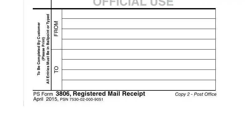 form 3806 ps pdf OFFICIAL USE, M O R F, O T, r e m o t s u C y B d e t e p m o, t n i r P e s a e P, d e p y T r o t n o p, l l a B n, e B, t s u M s e, i r t n E, l l, PS Form  Registered Mail Receipt, and Copy   Post Ofﬁce blanks to fill out