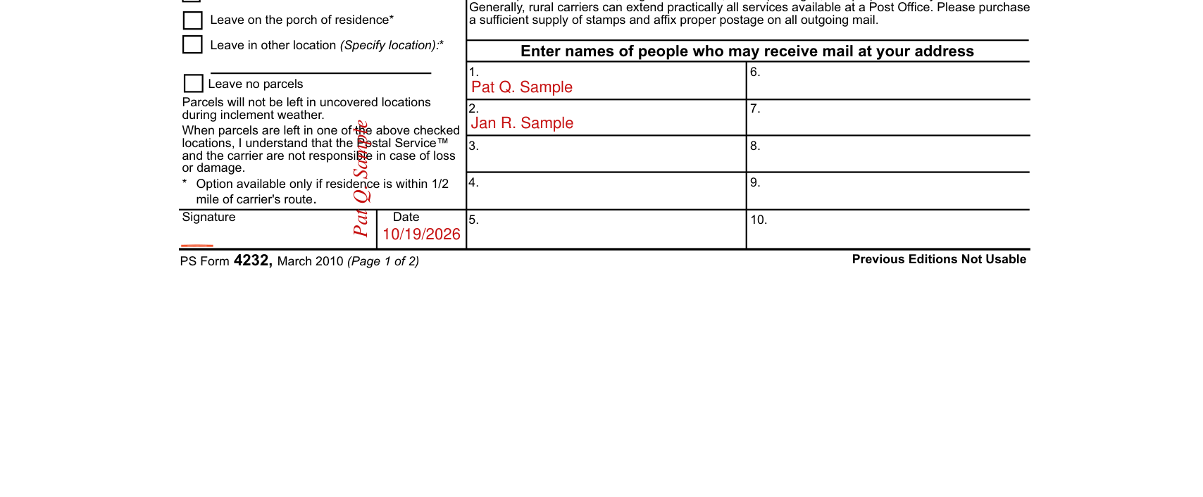 PS Form 4232 example filled out, enter names of people who may receive mail at your address