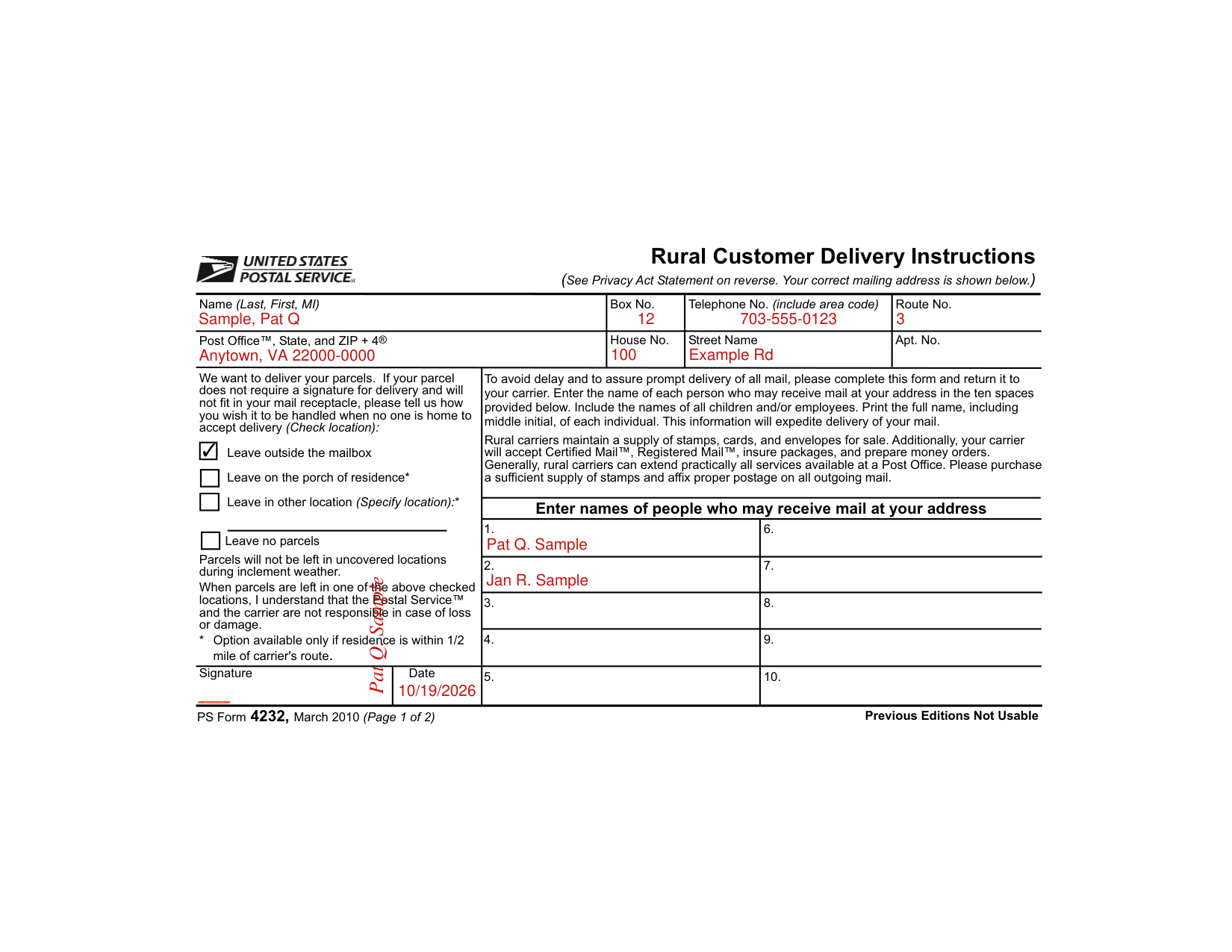 PS Form 4232 example filled out, example: a rural customer lists two people and asks for parcels outside the mailbox
