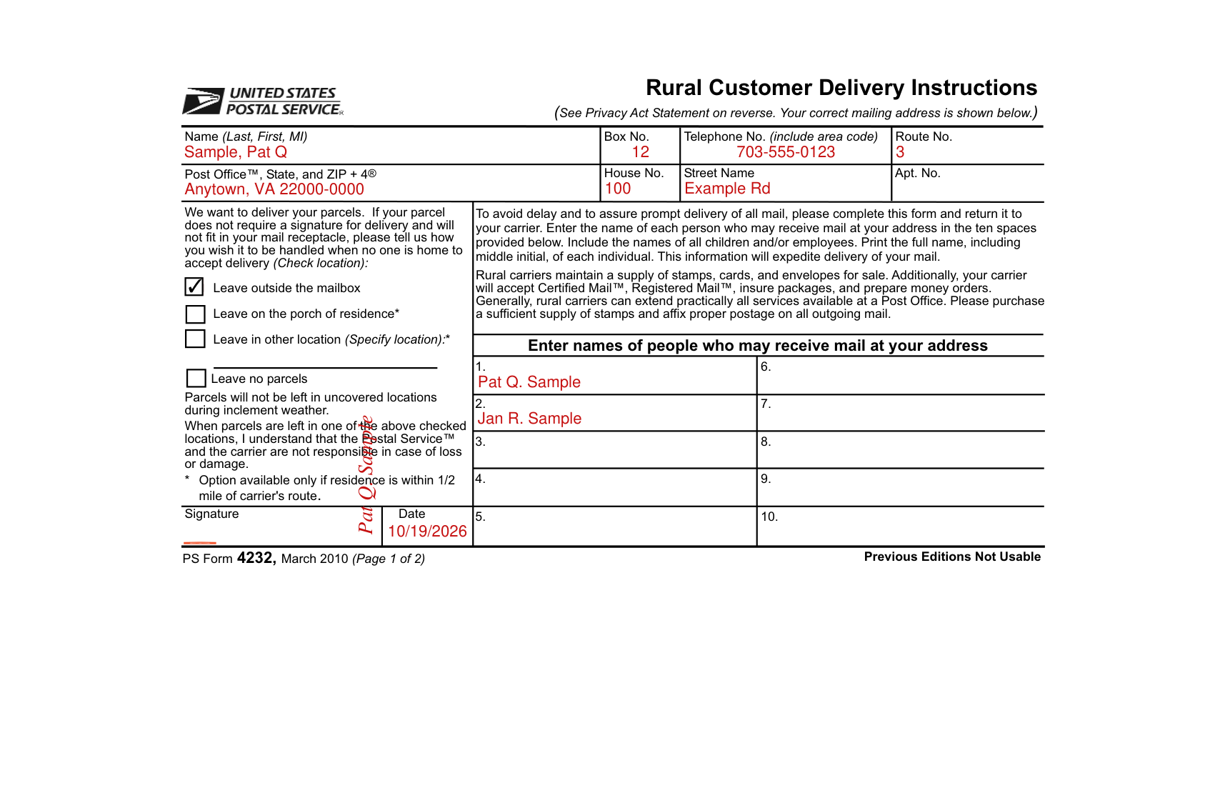 PS Form 4232 example filled out, name, Box No., Telephone No., Route No. and the address lines