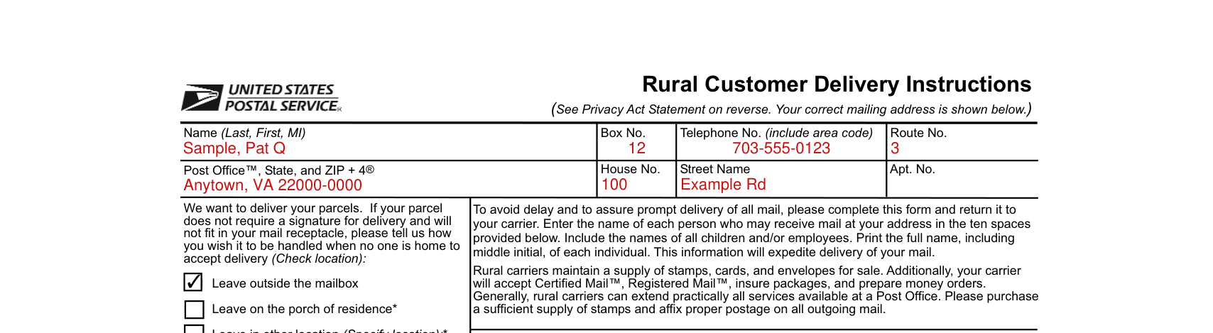 PS Form 4232 example filled out, signature and Date