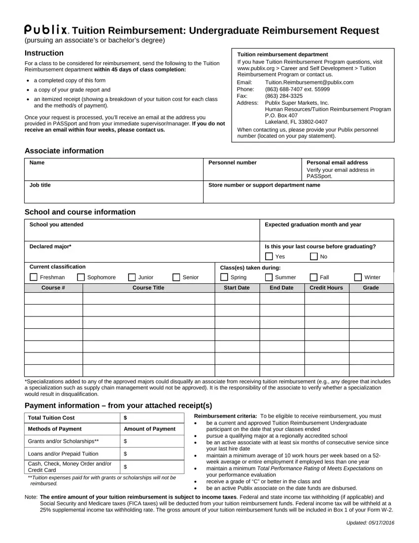 Publix Reimburse Form first page preview