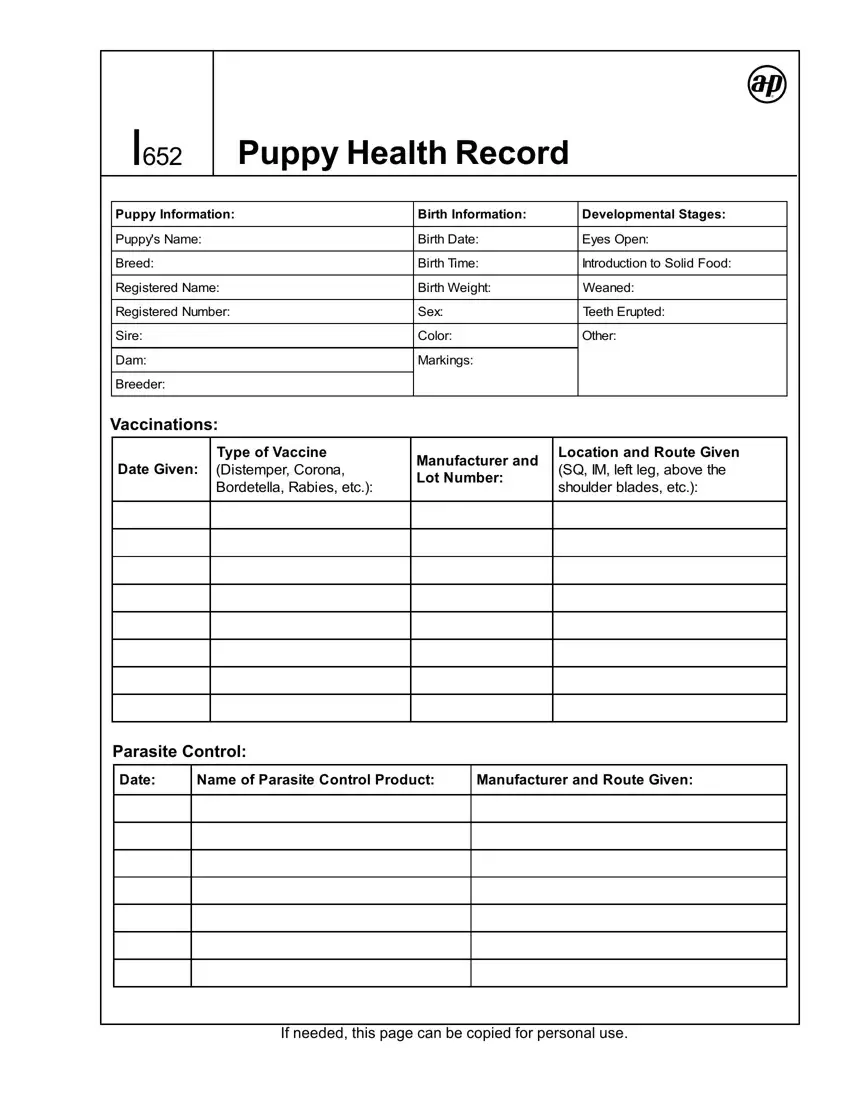 Puppy Health Record first page preview
