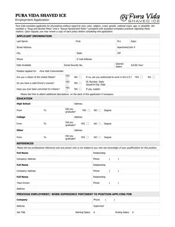 Pura Vida Job Application Form Preview
