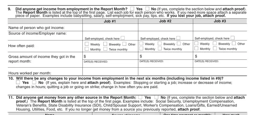 pa 167 monthly earnings report Did anyone get income from, Job, Job, Name of person who got income, How often paid, Selfemployed check here cid cid, Selfemployed check here cid cid, Selfemployed check here cid cid, Gross amount of income they got in, DATES RECEIVED, DATES RECEIVED, DATES RECEIVED, Hours worked per month  Will there, cid Yes cid No If yes explain here, and Did anyone get money from any blanks to fill
