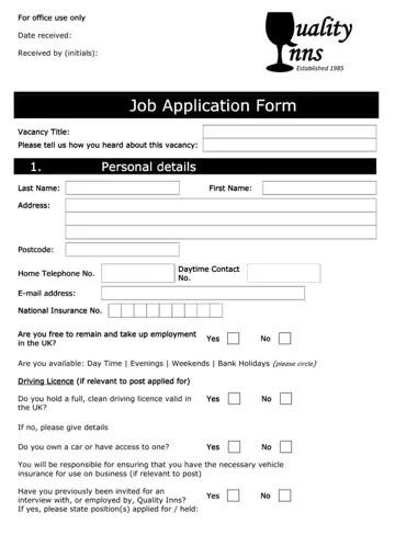 Quality Inn Job Application Form Preview