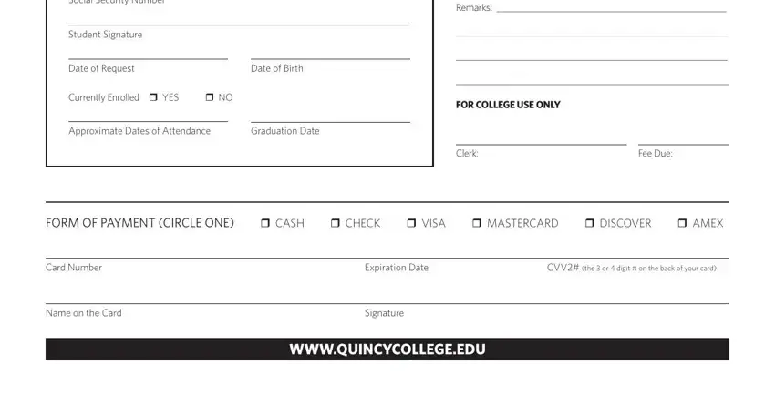 Filling in quincy college transcript request form step 2