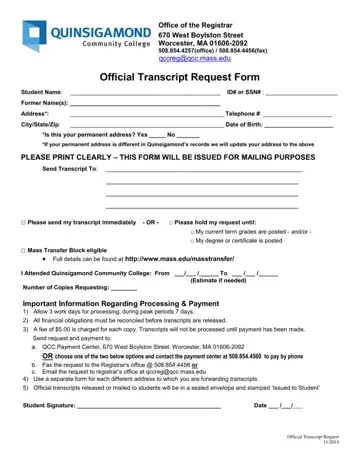 Quinsigamond Community College Transcript Request Form Preview