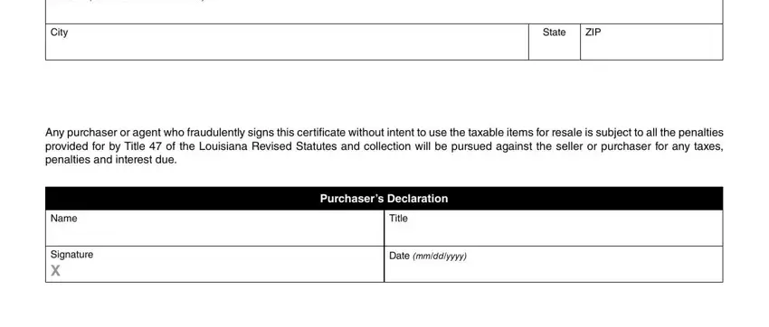 la resale certificate Address Street  number or PO Box, City, State, ZIP, Any purchaser or agent who, Name, Signature X, Purchasers Declaration, Title, and Date mmddyyyy blanks to insert