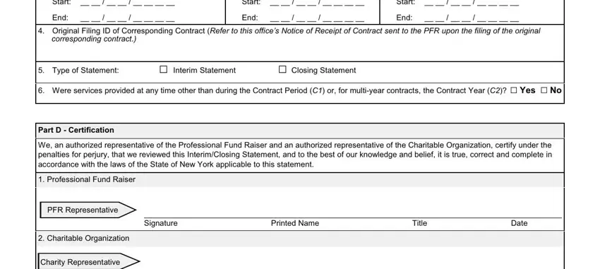 PFR Start, End, Start, Start, End, End, correspondingcontract, TypeofStatement, GInterimStatement, GClosingStatement, PFRRepresentative, CharitableOrganization, CharityRepresentative, Signature, and PrintedName fields to fill out