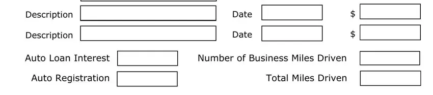 real estate agent profit and loss statement Description, Description, Description, Date, Date, Auto Loan Interest, Number of Business Miles Driven, Auto Registration, and Total Miles Driven blanks to fill out