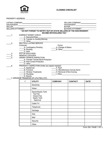 Real Estate Closing Checklist Form Preview