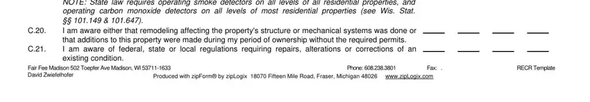 wisconsin condition report I am aware of defects in the roof, Fair Fee Madison  Toepfer Ave, Produced with zipForm by zipLogix, Phone, Fax, and RECR Template blanks to fill