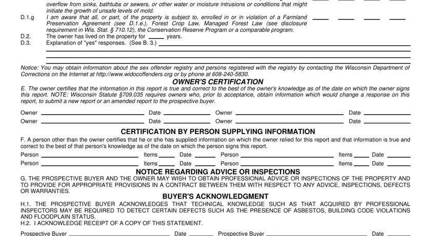 D D, I am aware that a structure on the, years, Notice You may obtain information, OWNERS CERTIFICATION E The owner, Owner, Owner, Date, Date, Owner, Owner, Date, Date, CERTIFICATION BY PERSON SUPPLYING, and Person Person in wisconsin condition report