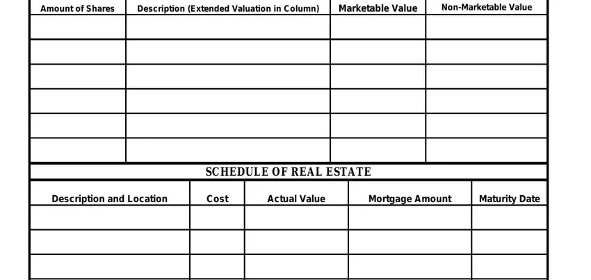 rebny financial form pdf Amount of Shares, Description Extended Valuation in, Marketable Value, NonMarketable Value, SCHEDULE OF REAL ESTATE, Description and Location, Cost, Actual Value, Mortgage Amount, and Maturity Date fields to fill