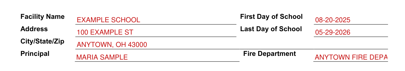 Form COM5130 example filled out, facility Name, Principal and Fire Department