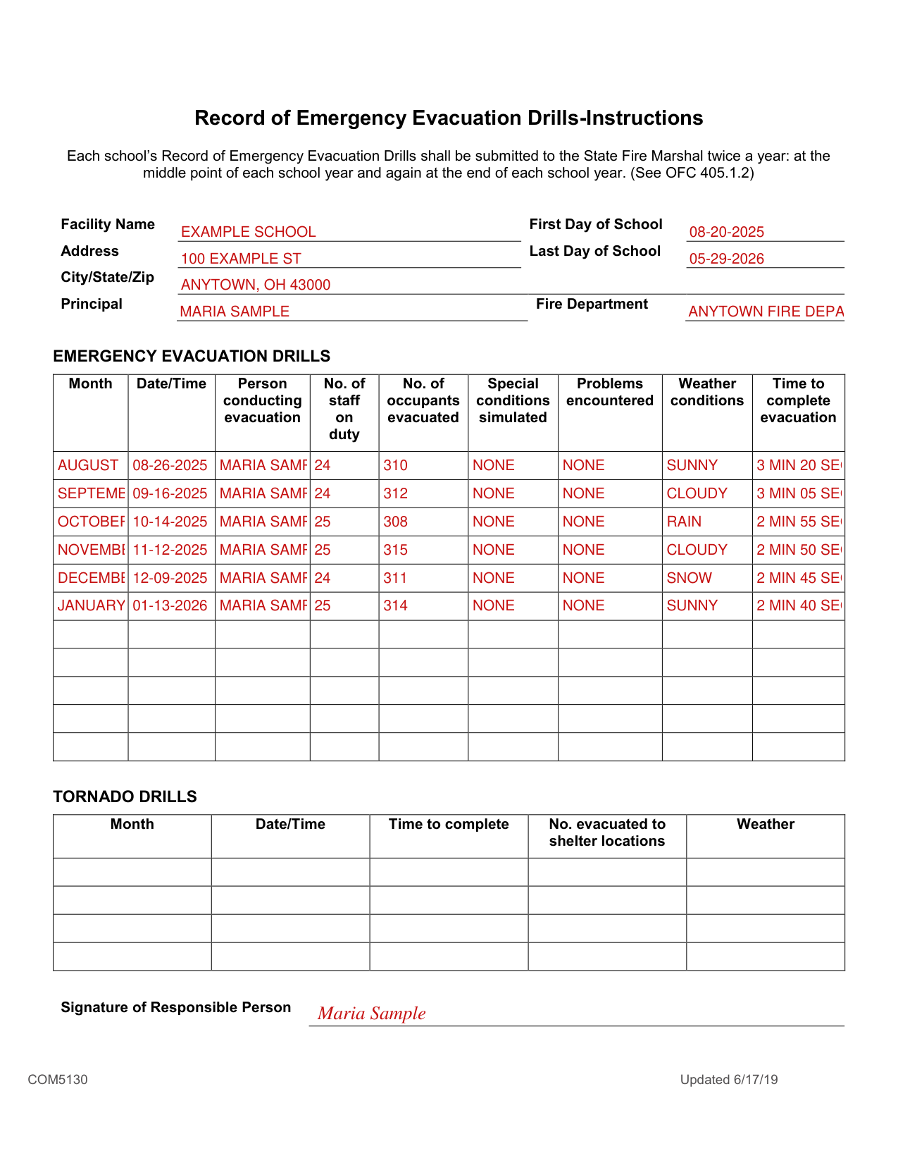 Form COM5130 example filled out, example: a school's midyear record