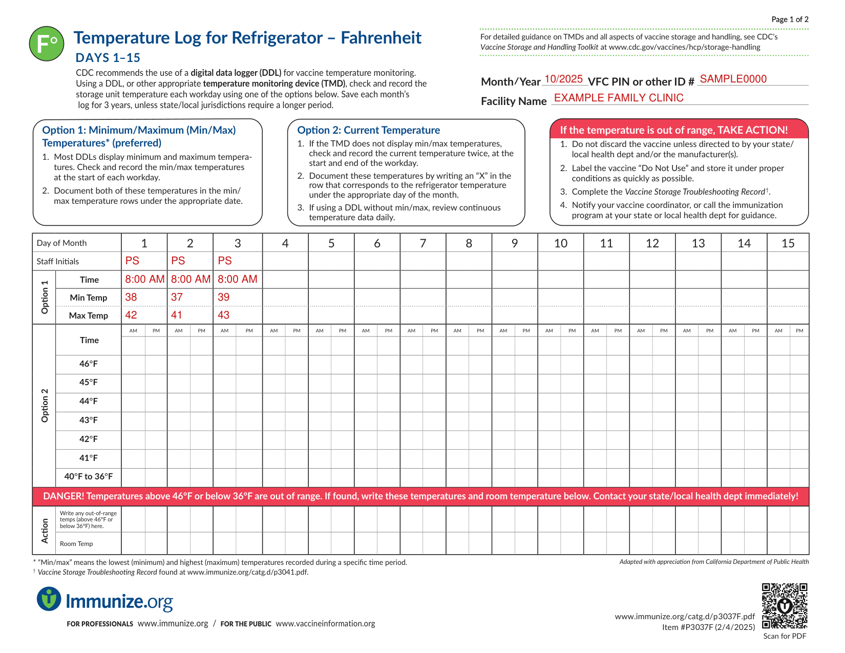 Temperature Log for Refrigerator - Fahrenheit (Item #P3037F) example filled out, example: a clinic logs three days with Option 1