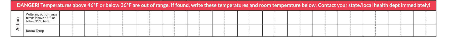 Temperature Log for Refrigerator - Fahrenheit (Item #P3037F) example filled out, write any out-of-range temps and Room Temp