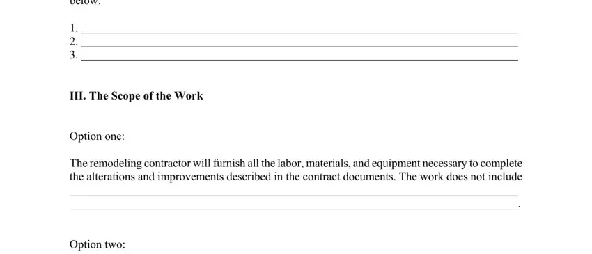 remodeling documents The contract documents include the, III The Scope of the Work, Option one, The remodeling contractor will, and Option two blanks to insert