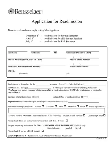 Rensselaer Application For Readmission Form Preview
