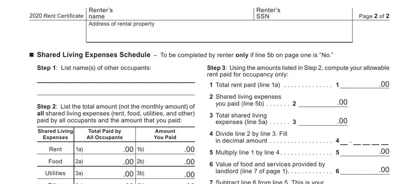 rent certificate printable RentCertificate, RentersnameAddressofrentalproperty, RentersSSN, Pageof, Expenses, TotalPaidbyAllOccupants, AmountYouPaid, Rent, Food, Utilities, Other, Total, and landlordlineofpage fields to fill out