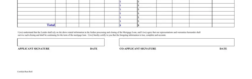 certified rent roll Total, I we understand that the Lender, APPLICANT SIGNATURE, DATE, COAPPLICANT SIGNATURE, DATE, and Certified Rent Roll fields to complete