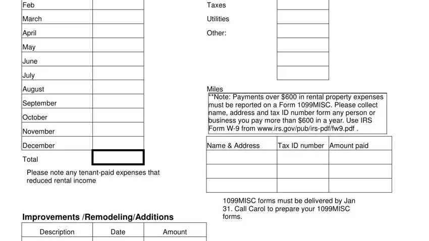 rental property income and expenses worksheet Feb, March, April, May, June, July, August, September, October, November, December, Total, Taxes, Utilities, and Other blanks to complete