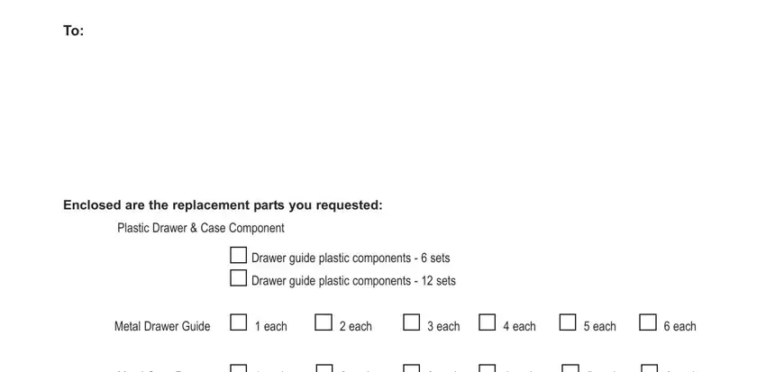 stanley furniture company replacement parts Enclosed are the replacement parts, Plastic Drawer  Case Component, Drawer guide plastic components, Drawer guide plastic components, Metal Drawer Guide, each, each, each, each, each, each, Metal Case Runner, each, each, and each fields to insert