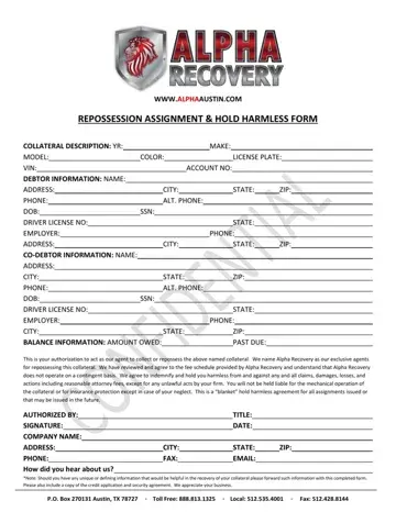 Repossession Assignment Form Preview