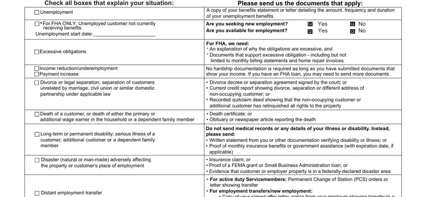 rma form Check all boxes that explain your, Unemployment, For FHA ONLY Unemployed customer, Unemployment start date, Excessive obligations, Income reductionunderemployment, Divorce or legal separation, Please send us the documents that, Are you seeking new employment Are, Yes Yes, No No, For FHA we need, An explanation of why the, No hardship documentation is, and Divorce decree or separation blanks to insert