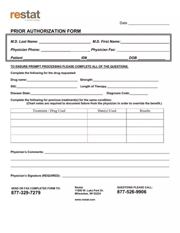 Restat Prior Authorization Form Preview