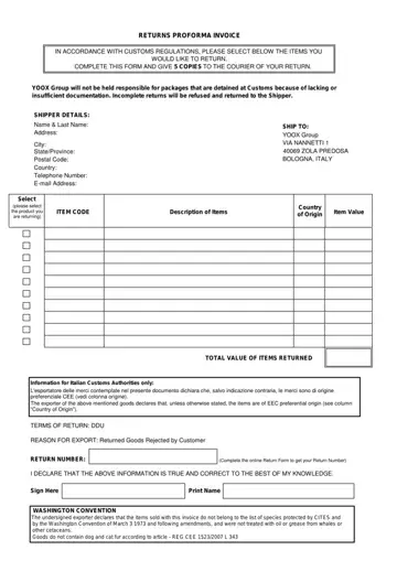Returns Proforma Invoice Form Preview