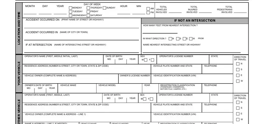 rhode island motor vehicle accident MONTH, DAY, YEAR, DAY OF WEEK, MONDAY, THURSDAY, SUNDAY, HOUR, MIN, ACCIDENT OCCURRED ON PRINT NAME OF, TUESDAY, FRIDAY, WEDNESDAY, SATURDAY, and TOTAL VEHICLES INVOLVED fields to complete