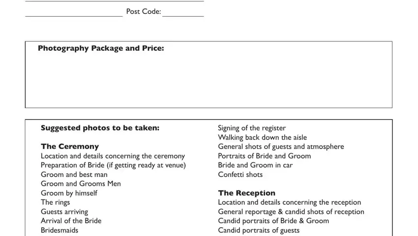 Filling out photography booking forms template step 2