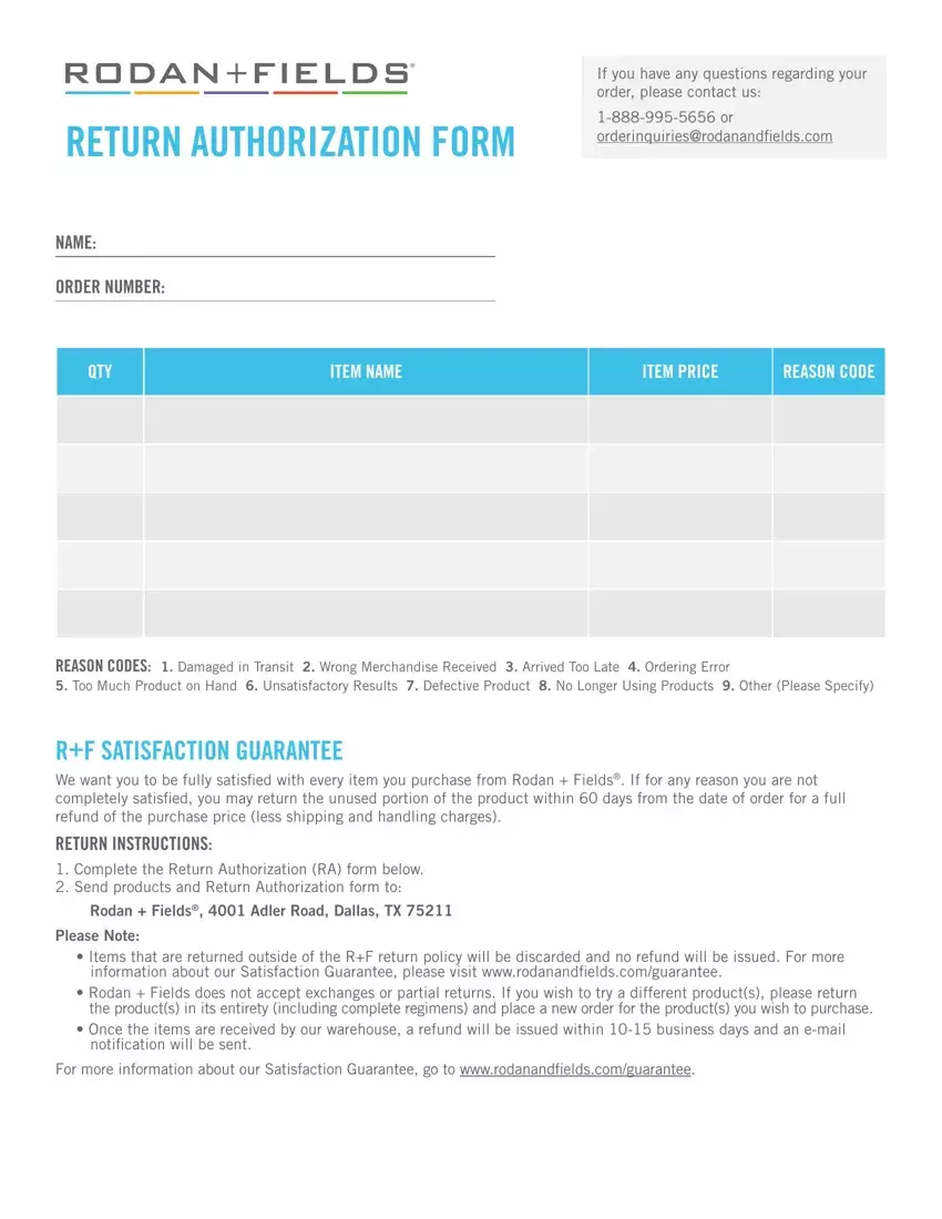 Rodan Fields Return Authorization Form first page preview